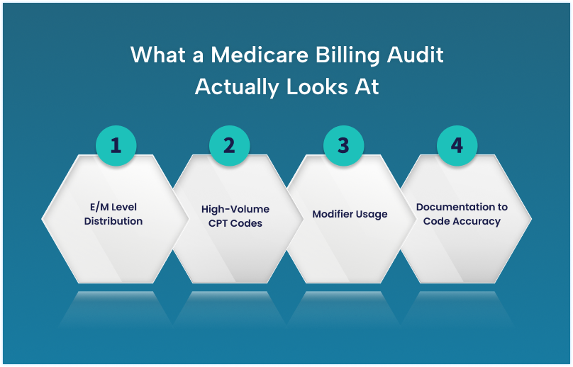 medicare billing audit components including em level distribution cpt codes modifier usage and documentation accuracy