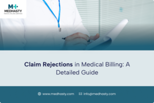 medical billing professional reviewing claim rejection and patient records
