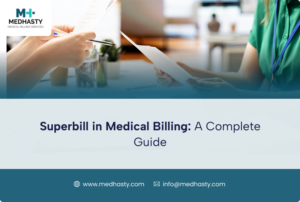 Medhasty medical billing services featured guide showing a healthcare provider handing a superbill document to a patient across a desk