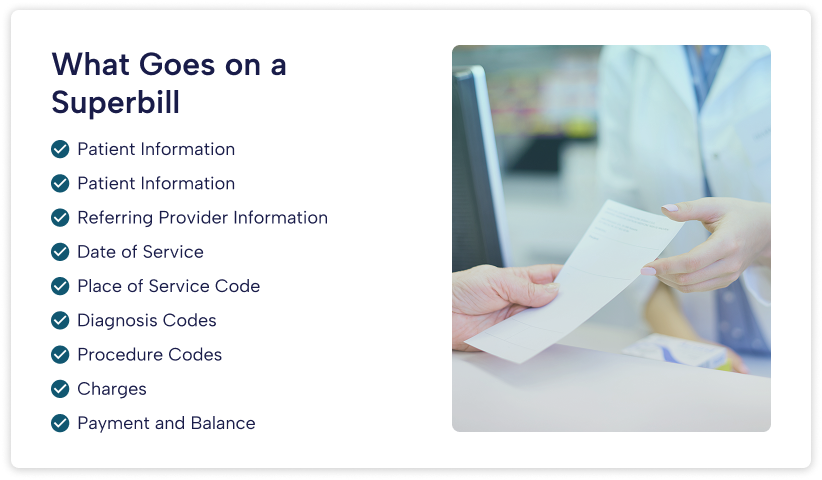 Infographic showing what goes on a superbill in medical billing including patient information, referring provider information, date of service, place of service code, diagnosis codes, procedure codes, charges, and payment balance