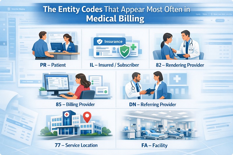 entity codes PR IL 82 85 DN 77 FA in medical billing with provider and patient roles