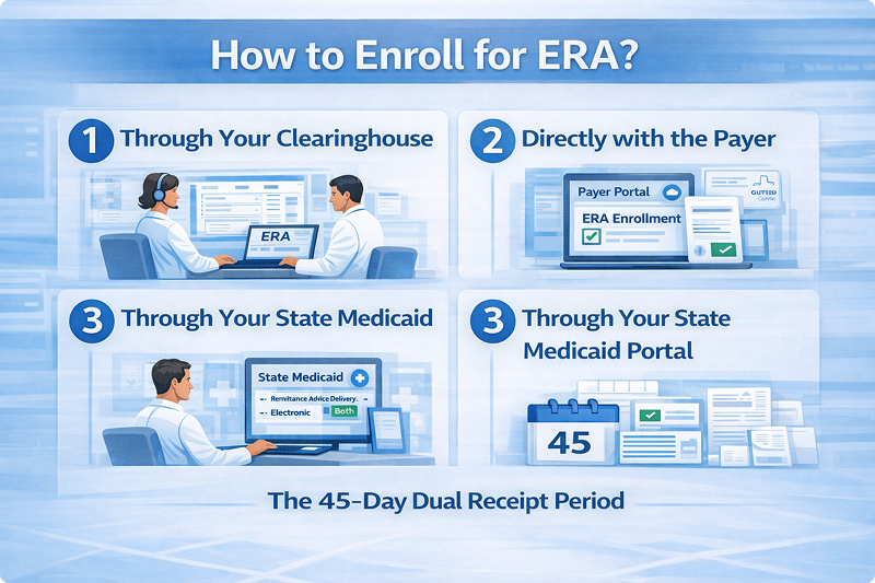 Steps to enroll for Electronic Remittance Advice ERA through clearinghouse payer portal and Medicaid system